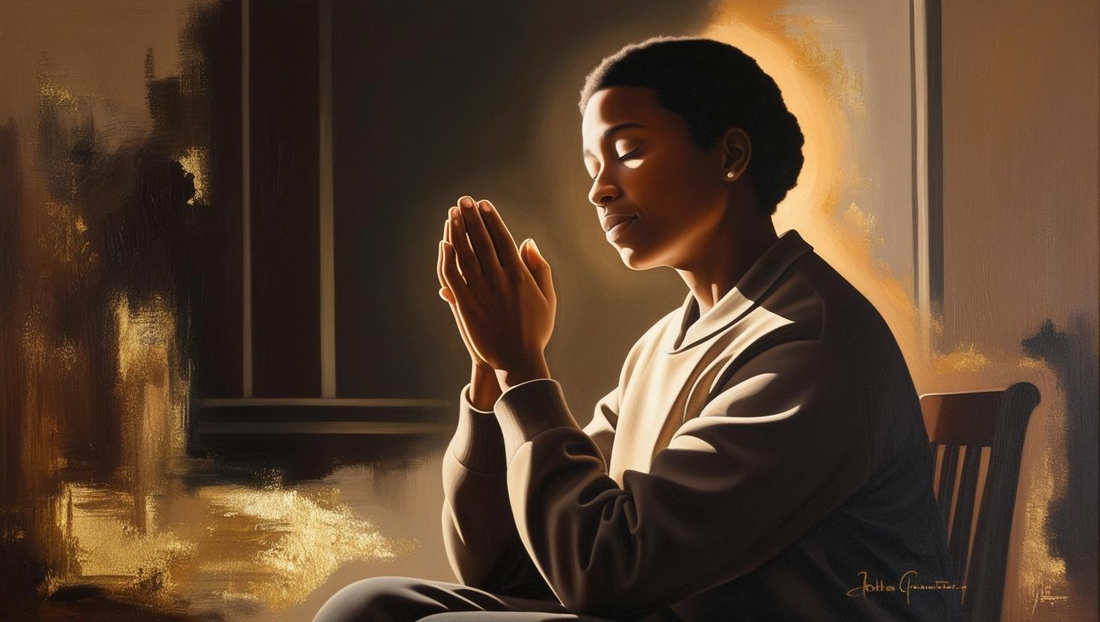 The tightness in my chest blogpost written by Jessica Ogunnorin. In the picture of the post we there is a woman with her eyes closed and her hands together like she is praying seated in a wooden chair. 