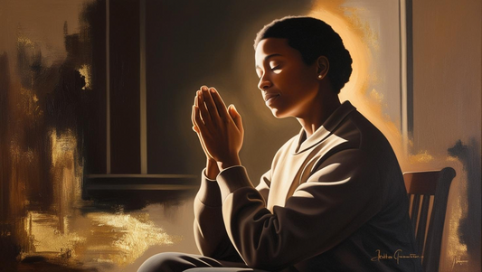 The tightness in my chest blogpost written by Jessica Ogunnorin. In the picture of the post we there is a woman with her eyes closed and her hands together like she is praying seated in a wooden chair. 